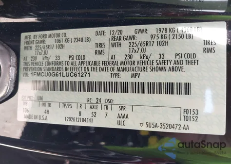 2020 Ford Escape Se from USA, damaged, VIN 1FMCU0G61LUC61271